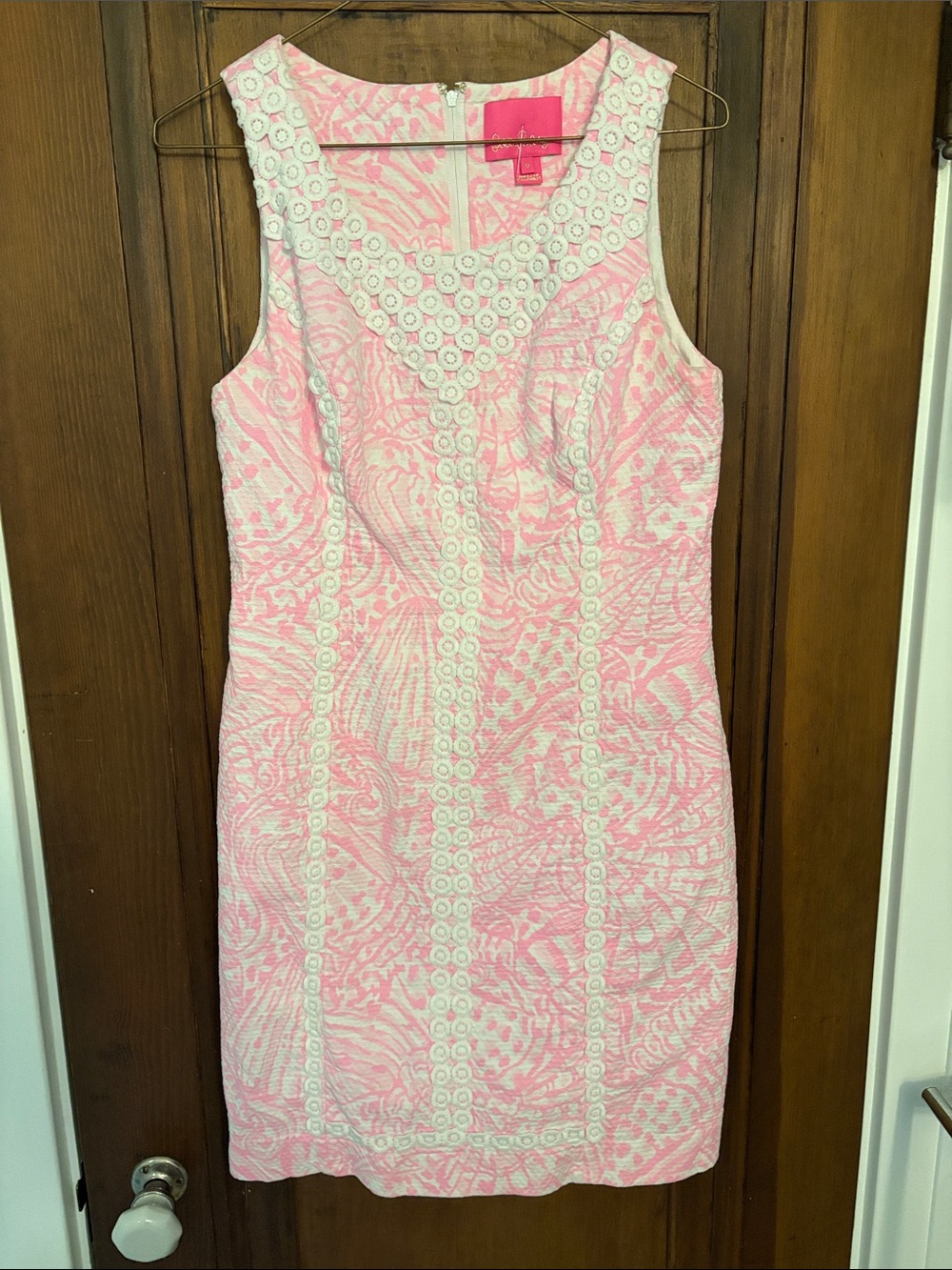 Sleeveless Pink Lace-Trim Sheath Dress